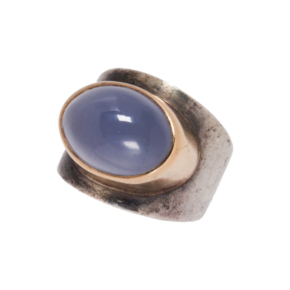 A chalcedony, sterling silver, and 14k gold ring (1 of 1)