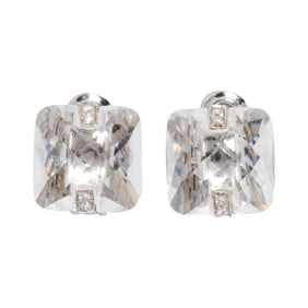 A pair of rock crystal, diamond and 18k white gold ear clips