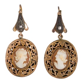 A pair of shell cameo and 10k gold earrings