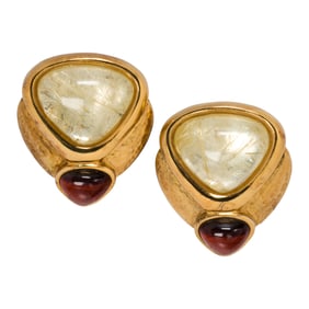 A pair of rutilated quartz, tigers eye, and sterling silver earrings