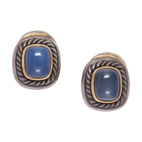 A pair of blue chalcedony, silver, and 14k gold earrings