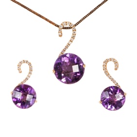 An amethyst, diamond, and 14k gold pendant necklace and earring set