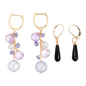 Two pairs of hardstone and 14k gold earrings