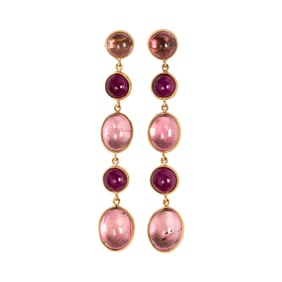 A pair of ruby, tourmaline, 18k gold earrings