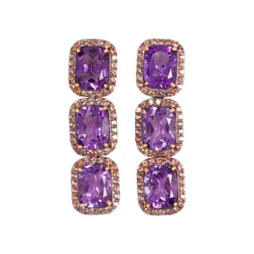 A pair of amethyst, sapphire, silver, and 14k gold earrings