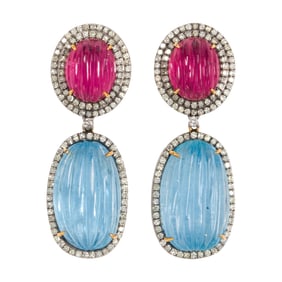 A pair of rubelite, aquamarine, diamond, silver, and 14k gold earrings