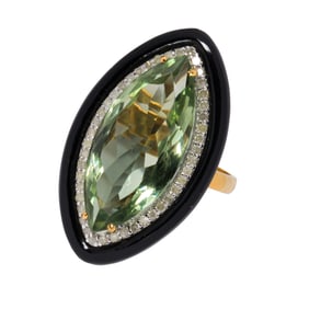 A prasiolite, diamond, onyx, silver, and 14k gold ring