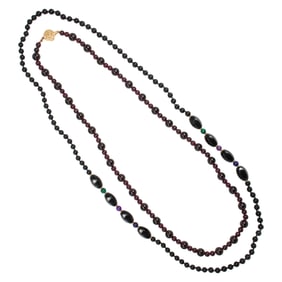 One onyx and one garnet and 14k gold beaded necklace