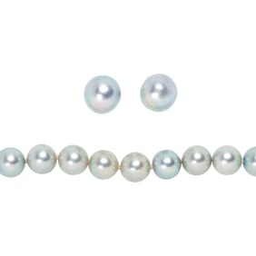 A cultured pearl and 14k gold necklace and earring set