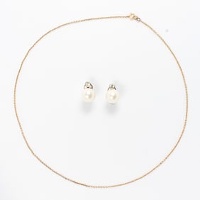 A pair of faux pearl ear-clips and gold-filled chain