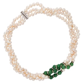 A faux pearl and green hardstone necklace