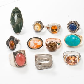 A group of gemstone, hardstone and silver rings