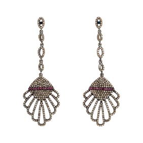 A pair of ruby, diamond and blackened silver earrings