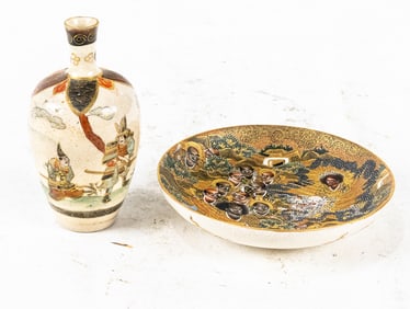(lot of 2) Satsuma miniature vase and dish