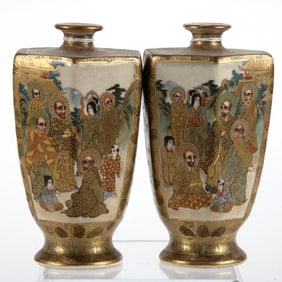 A pair of Satsuma hexagonal vases