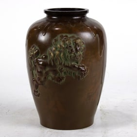 A Japanese patinated bronze 'shishi' vase