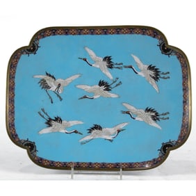 A Japanese cloisonne enamel plate turquoise with cranes design