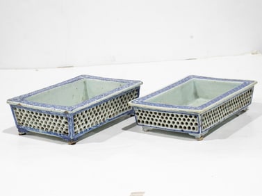 (lot of 2) Chinese blue and white orchid flower pots