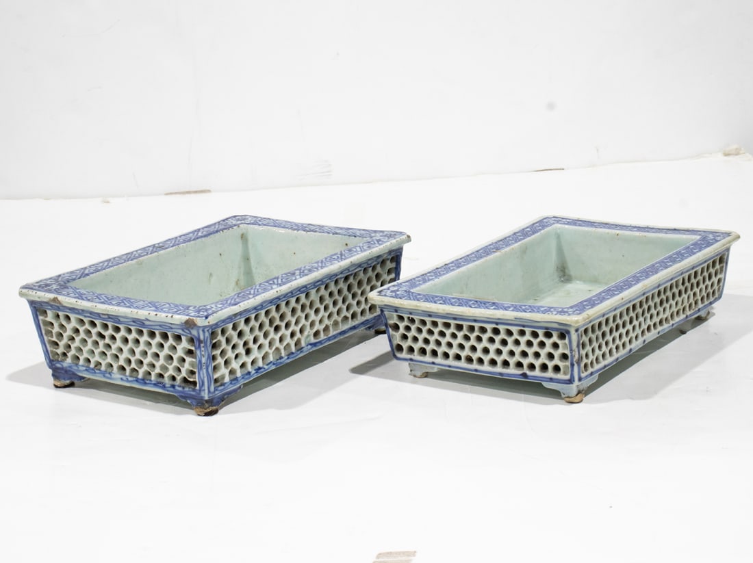 (lot of 2) Chinese blue and white orchid flower pots (1 of 1)