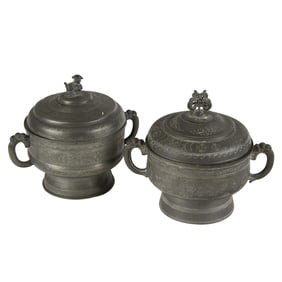 (lot of 2) Chinese pewter lidded bowls