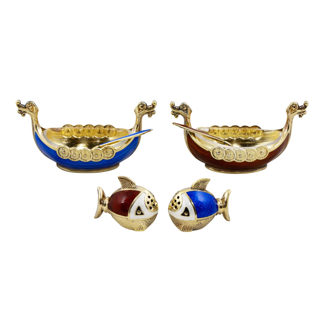 Two pairs of gilt silver enameled salts, a viking sailing ship pair and a pair of fish (1 of 2)