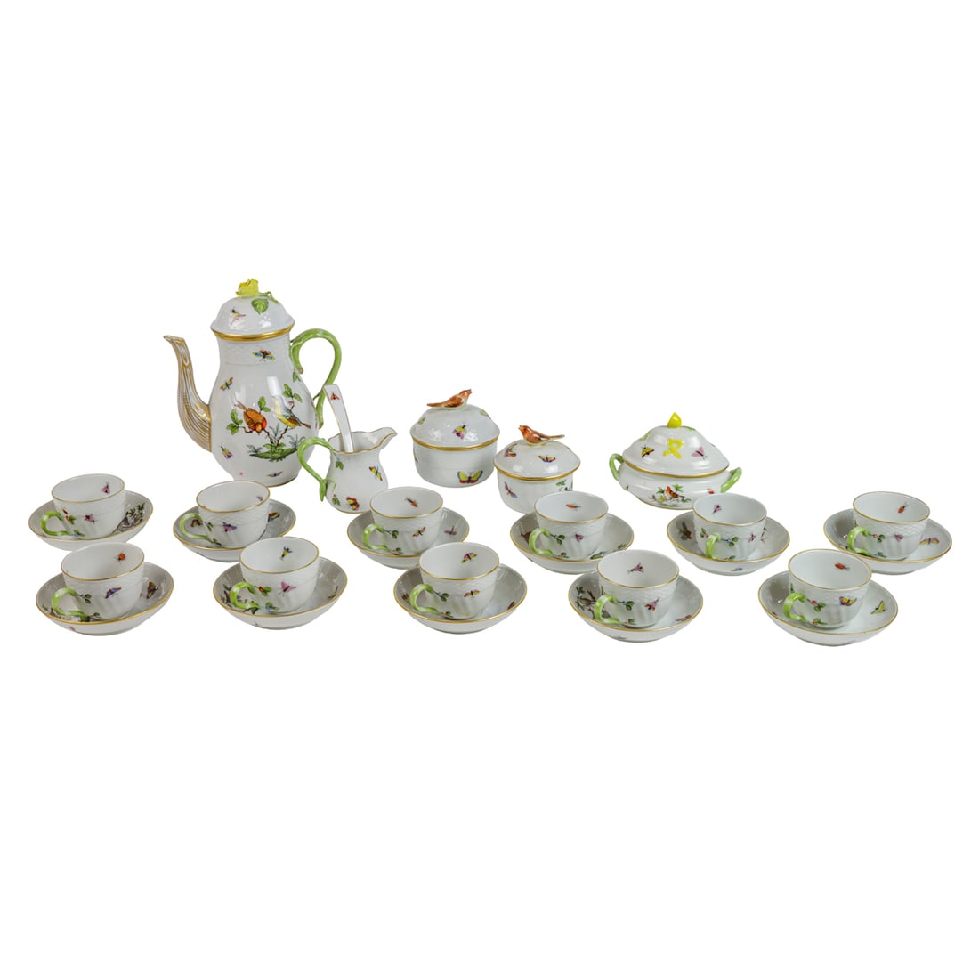 A Herend porcelain coffee set in the Rothschild Bird pattern: A Herend porcelain coffee set in the Rothschild Bird pattern, including (1) coffee pot, 1612, 8.5"h; (11) demitasse cups and (11) saucers, 1711; (1) small covered sugar, 6128 1/2; (1) covered sugar, 6