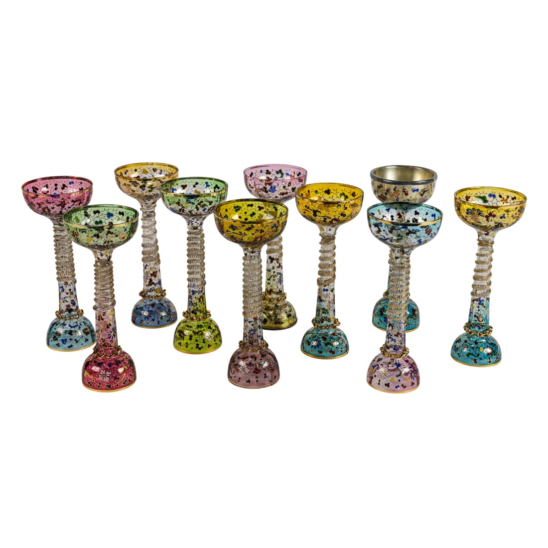 A set of ten Continental enameled and gilt glass goblets in the Moser style: A set of ten Continental enameled and gilt glass goblets in the Moser style, unmarked, 10.5"h