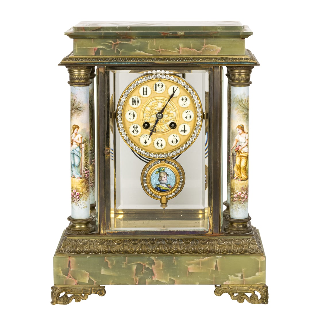 A French gilt bronze mounted porcelain and paste jewel decorated green onyx mantel clock (1 of 5)