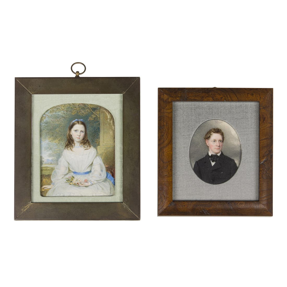 Two portrait miniatures, 19th century: Two portrait miniatures, 19th century, the first girl seated holding a spray of flowers, unsigned, sight 4"h x 3.25"w; framed 6.25"h x 5.5"w; the second young gentleman in black coat, sight 2.75"h; fr