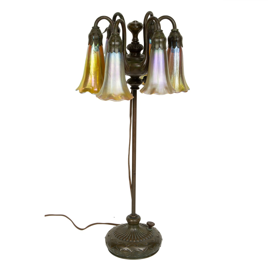 A Tiffany Studios six-light lily adjustable lamp with Favrile glass shades: A Tiffany Studios six-light lily adjustable lamp with Favrile glass shades, lamp stamped with monogram 'TIFFANY STUDIOS, NEW YORK, 25852', three shades signed 'L.c. Tiffany Favrile', overall 21"h