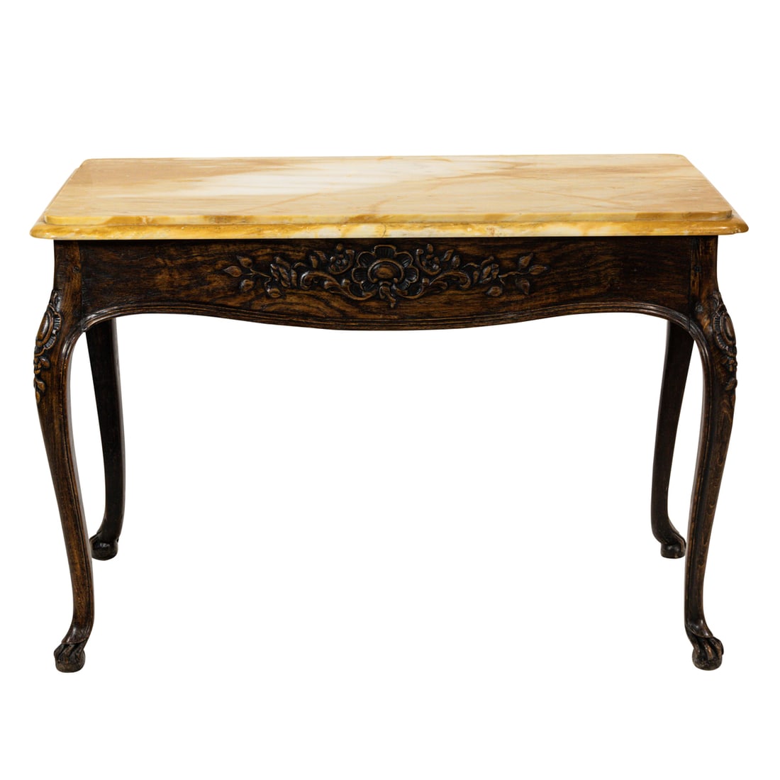 A late Victorian marble top center table circa 1890: A late Victorian marble top center table circa 1890, the variegated marble top above the shaped and carved apron having floral reserves, and rising on cabriole legs, 31"h x 46"w x 26"d