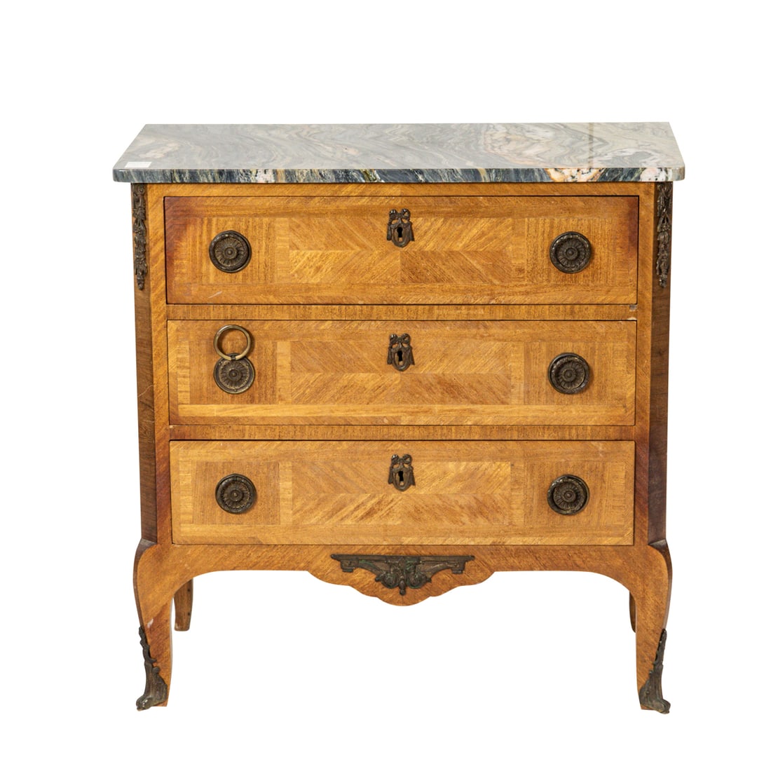 A French three drawer commode circa 1890: A French three drawer commode circa 1890, with a variegated marble top, and rising on inswept legs, overall 30"h x 30"w x 15.5"d