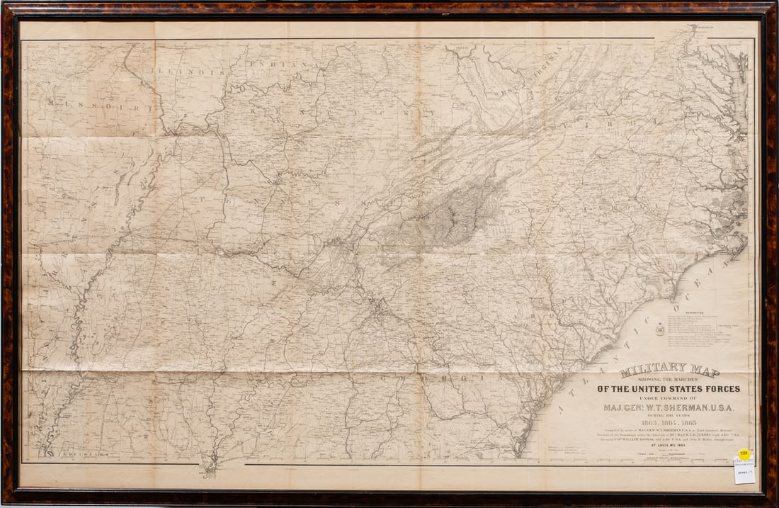 Map, American School (19th century): American School (19th century), Map of General Sherman's Battles 1863-1865, published 1865, lithograph, overall (with frame): 50"h x 32.25"w