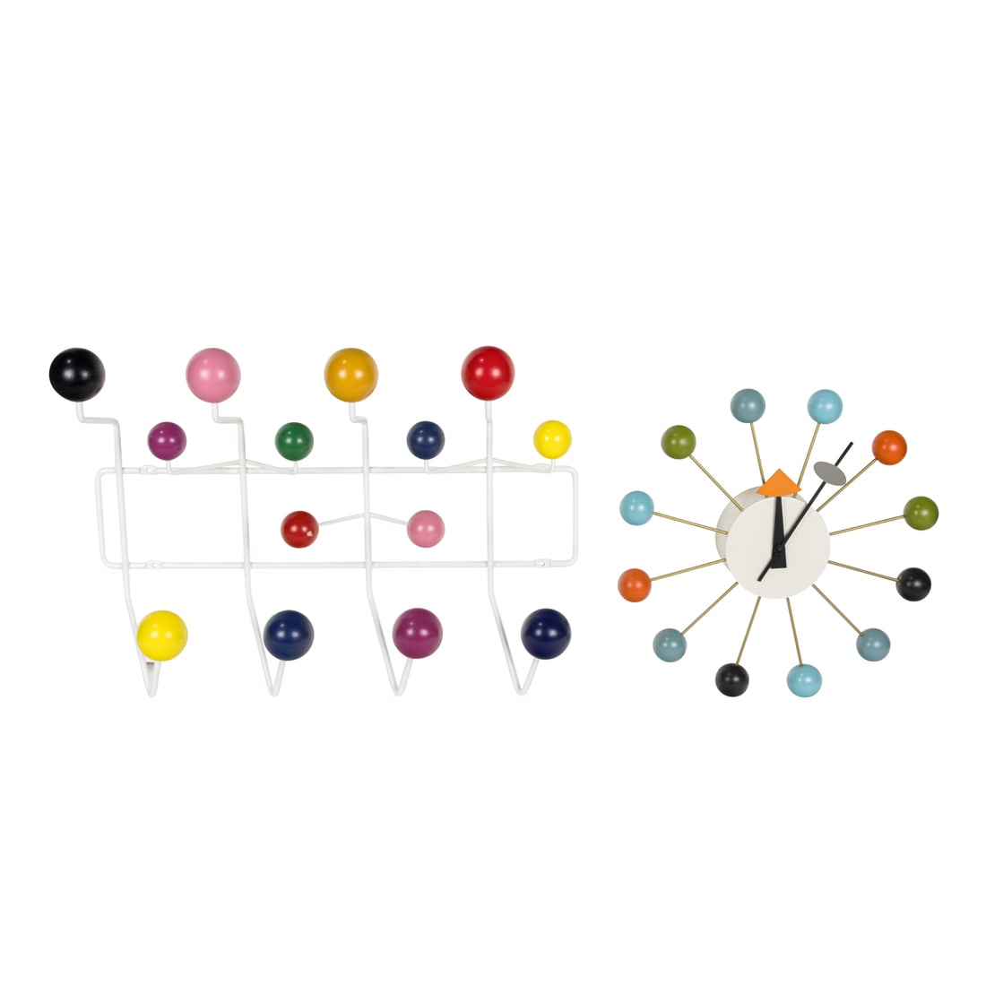 A George Nelson Vitra Museum Design Ball clock and Hang-it-All rack: A George Nelson Vitra Museum Design Ball clock and Hang-it-All rack, the clock with factory label, 13.25"dia; the rack unmarked, 15"h x 20"w