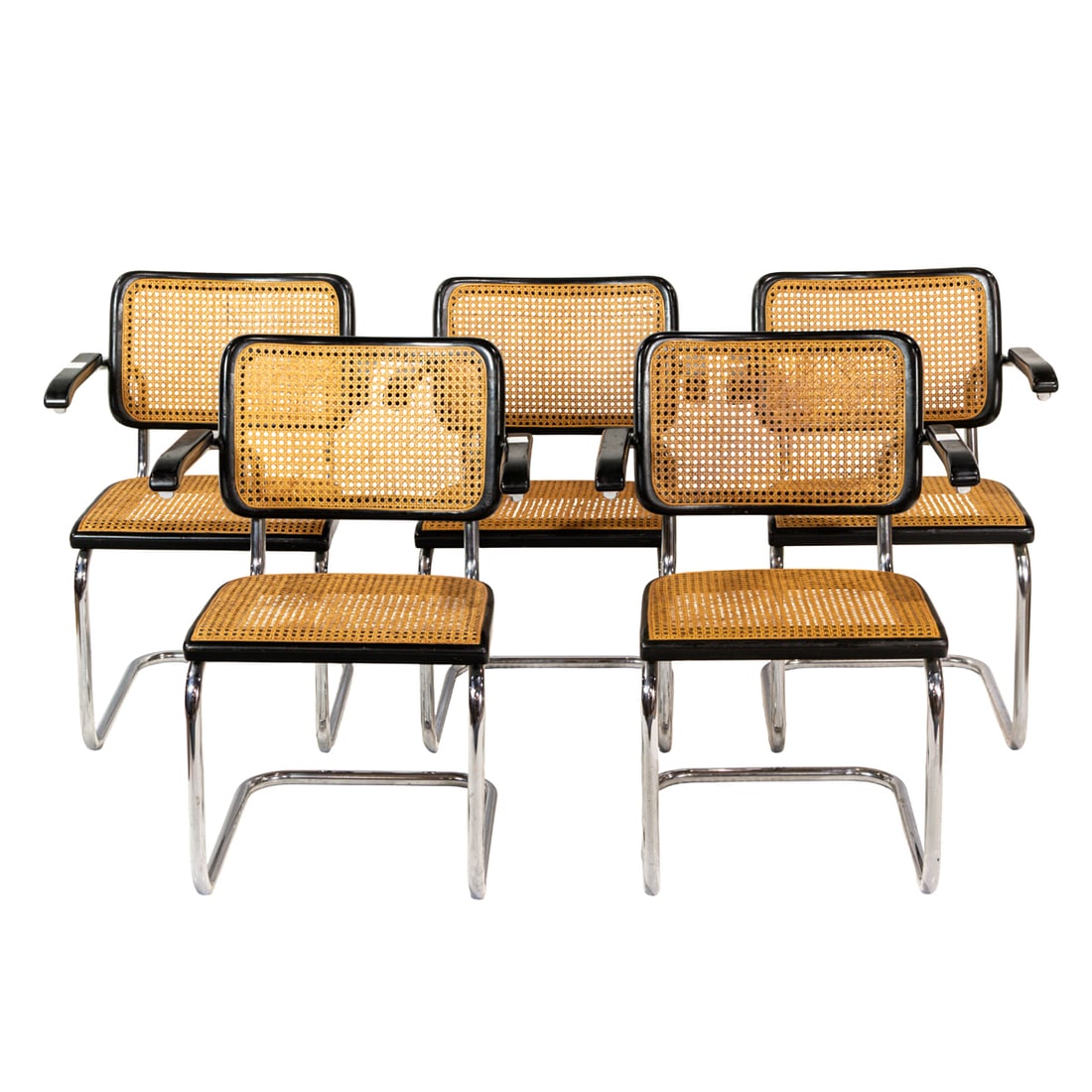 A set of five Marcel Breuer (attrib) armchairs: A set of five Marcel Breuer (attrib) armchairs, each with cane seat and back with tubular chrome frame, 31.5"h x 22.5"w x 21"d; seat 17.25"