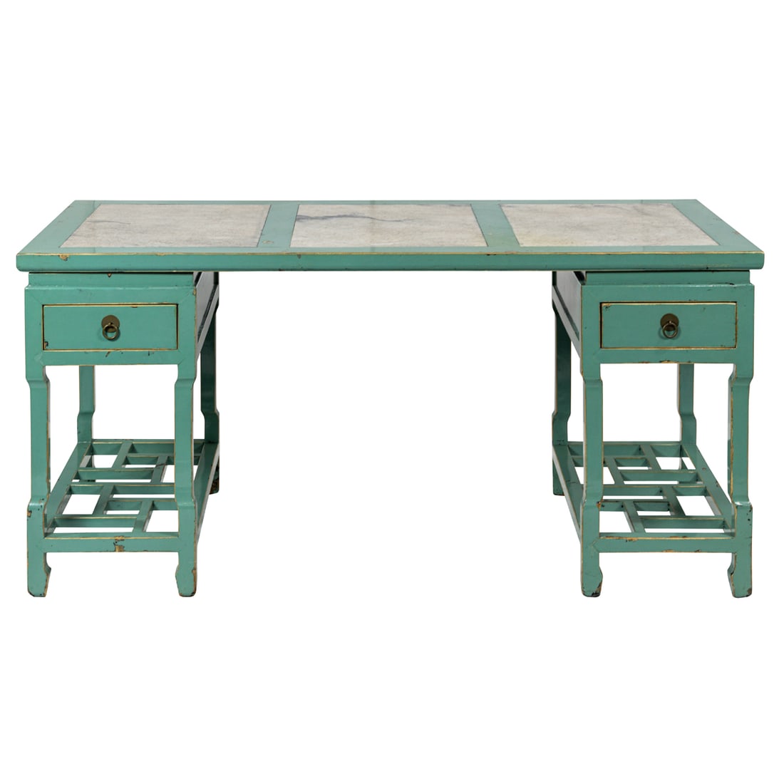 A turquoise painted double pedestal desk in the Asian taste: A turquoise painted double pedestal desk in the Asian taste. Top is inset with three marble panels. In three parts. 30.25"h x 63"l x 31.5"d