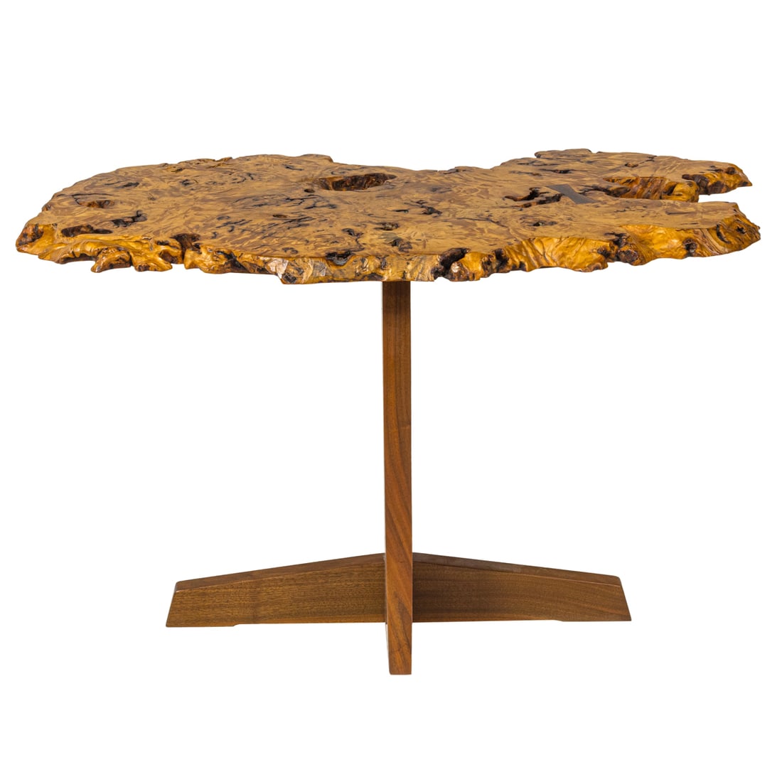 A Mira Nakashima Minguren I end table: A Mira Nakashima Minguren I end table, features a single slab burl top with free edges, expressive grain, and one walnut butterfly, signed, dated and inscribed with client's name to underside 'Mira Na