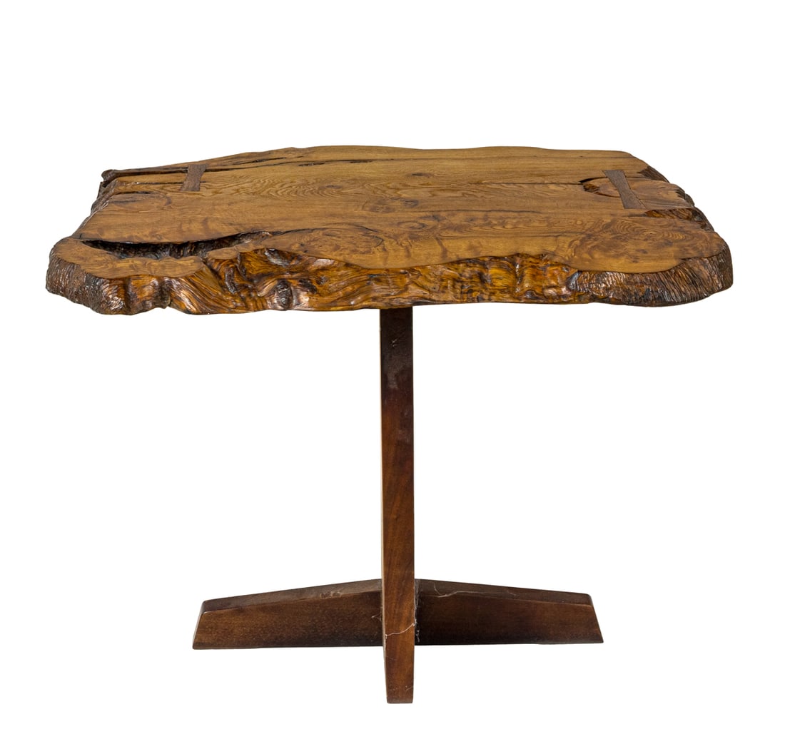 A Mira Nakashima Minguren I end table: A Mira Nakashima Minguren I end table, single slab top with free edges, expressive grain, and two walnut butterflies. Signed, dated and inscribed with client's name to underside 'Mira Nakashima 10-10-