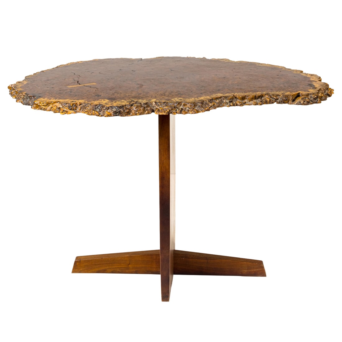 A Mira Nakashima walnut and highly figured burl Minguren I table: A Mira Nakashima walnut and highly figured burl Minguren I table, with a cross cut single slab burl top with free edge, and one butterfly, signed, dated and inscribed with client's name to underside '