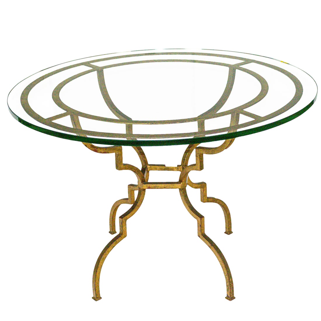 A contemporary gilt metal pedestal dining table with circular glass top (1 of 4)