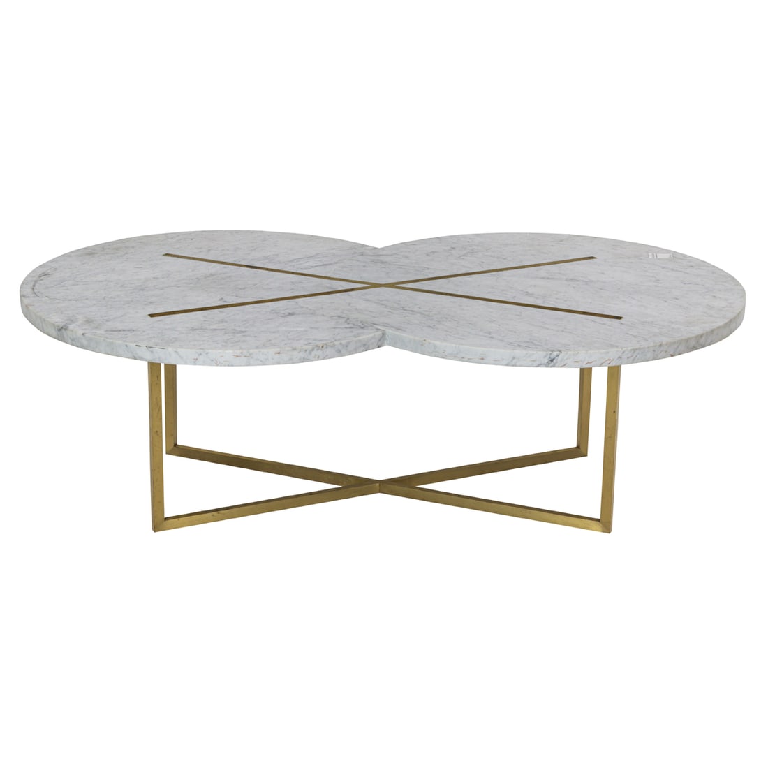 A contemporary Hagit Pincovici Eclipse X coffee table: A contemporary Hagit Pincovici Eclipse X coffee table, the carerra marble top with brass inlays and rising on solid brushed brass legs, 15"h x 51"w x 31"d