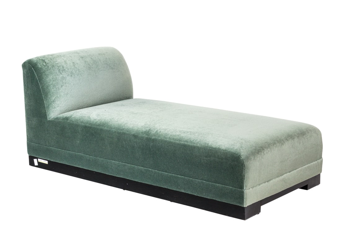A Modern mohair daybed or chaise lounge: A Modern mohair daybed or chaise lounge, raised on ebonized platform base 30"h x 71"l x 33.5"w