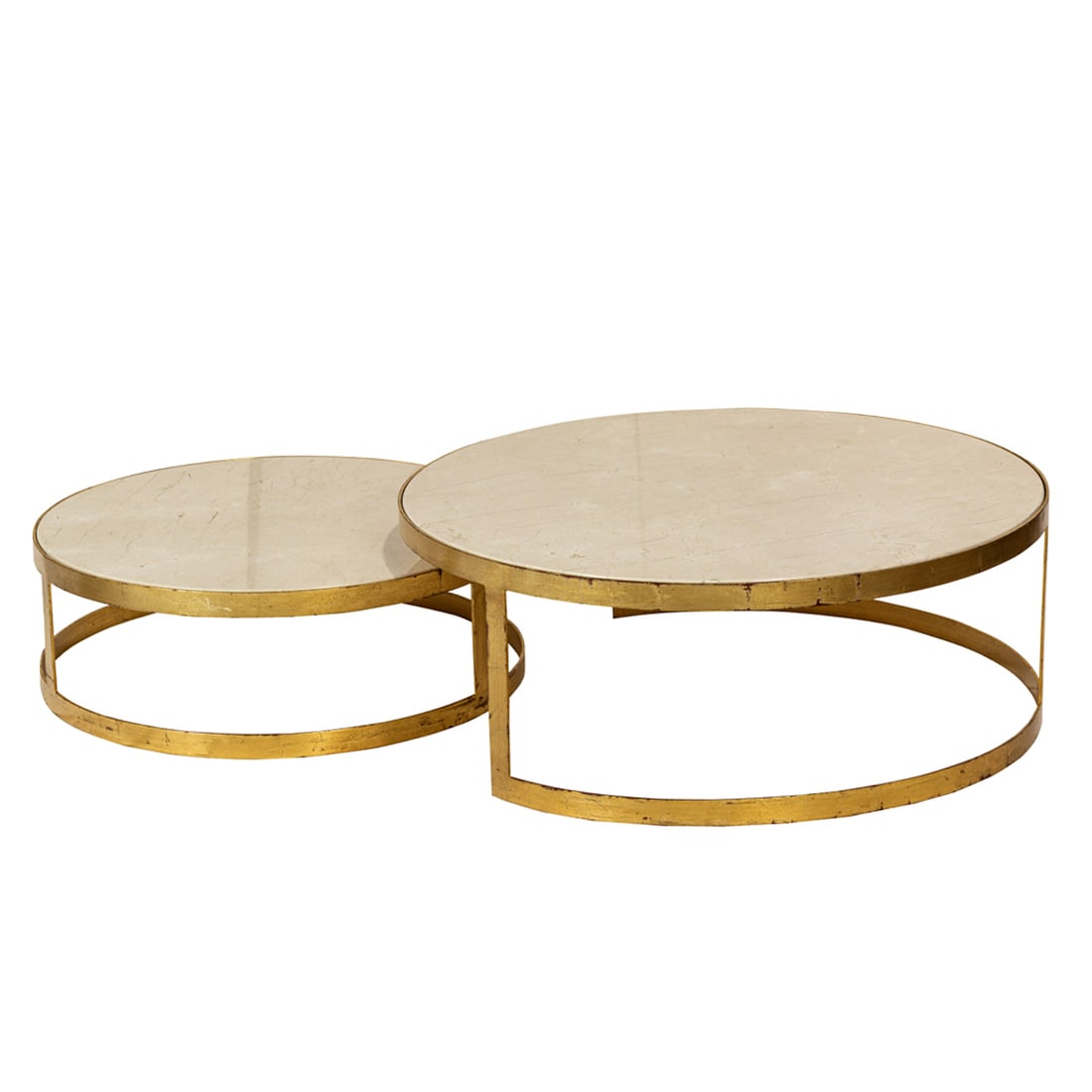 A Modern gilt iron and marble round nesting coffee table: A Modern gilt iron and marble round nesting coffee table, composed of two parts, 10.5"h x 31"dia and 14.5"h x 39"dia