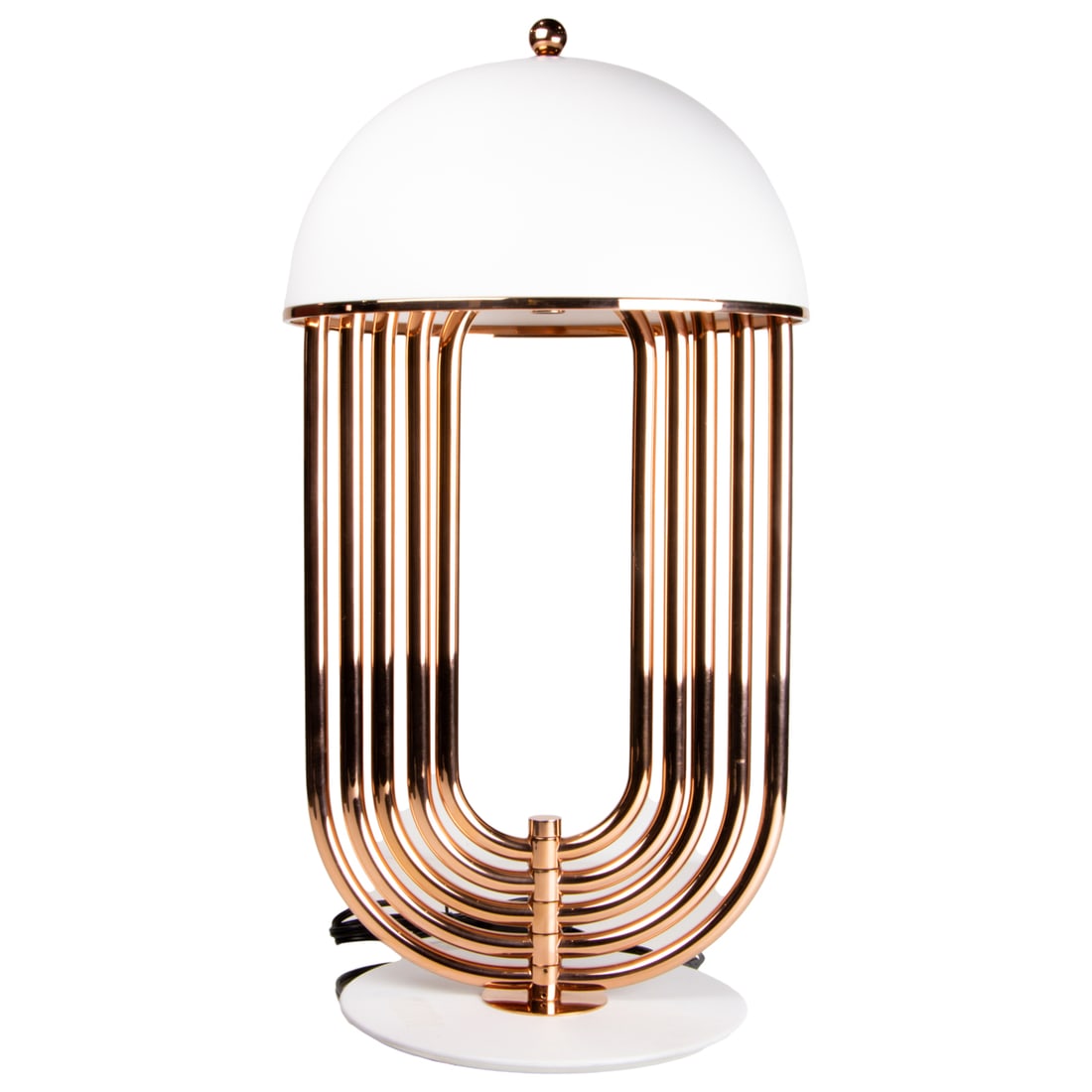 A Delightfull copper finish brass and enameled aluminum 'Turner' table lamp: A Delightfull copper finish brass and enameled aluminum 'Turner' table lamp, domed shade on movable arch standard, 23.5"h x 12"dia
