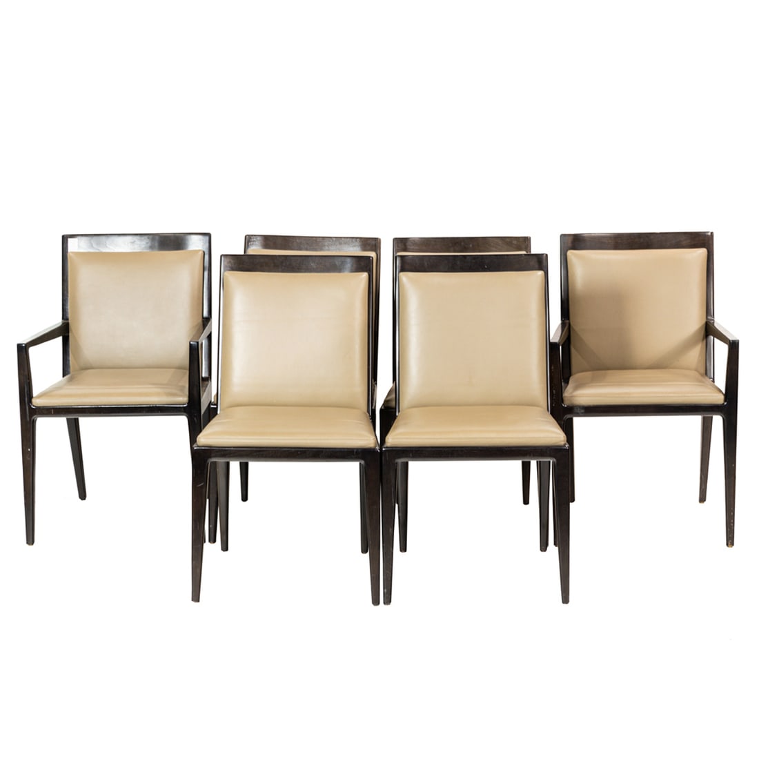 A set of six Holly Hunt dining chairs: A set of six Holly Hunt dining chairs, each with tan leather upholstery, rising on tapered legs, consisting of (2) armchairs, 36"h x 22"w x 24.5"d; seat 19"h; with (4) side chairs, 35.5"h x 20"w x 24"