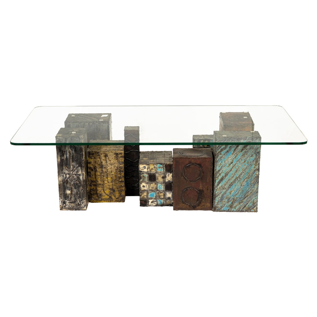 A Paul Evans style Skyline coffee table: A Paul Evans style Skyline coffee table, with a welded polychromed steel, bronze, and composite base with a glass top, unmarked 15.75"h x 56"l x 28"d