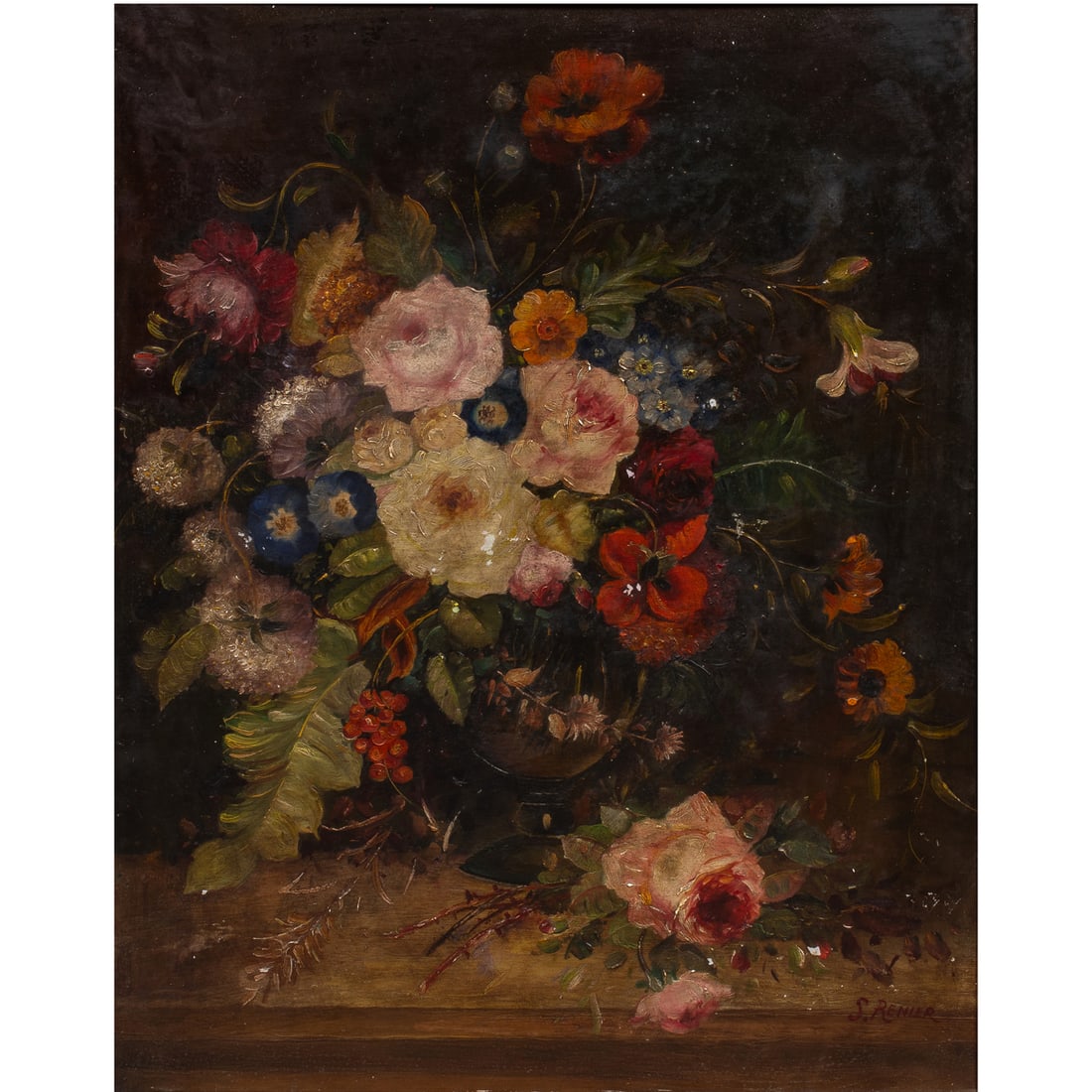 Painting, Jean Simon Renier: Jean Simon Renier (French, 1818-1906), Untitled (Still Life with Flowers in Vases), oil on canvas laid down on masonite, signed lower right, board: 24"h x 19.25"w, overall (with frame): 31.5"h x 27"w