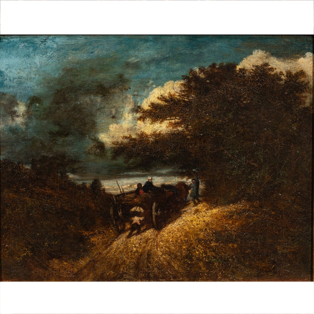 Painting, Attributed to Jules Dupre: Attributed to Jules Dupre (French, 1811-1889), Wagon Ride, oil on canvas, signed indistinctly lower right, canvas: 16"h x 21"w, overall (with frame): 21.5"h x 25"w