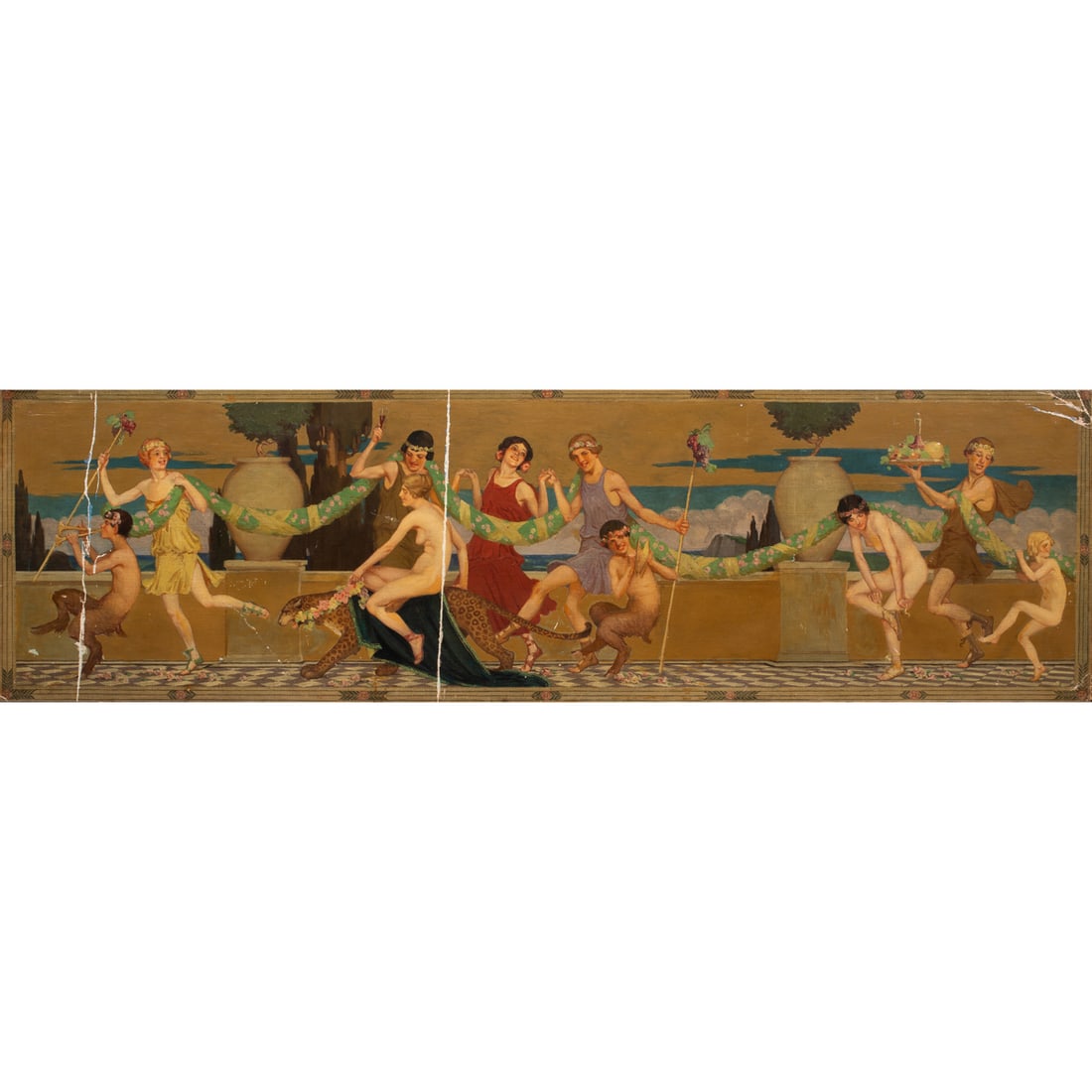 Painting, Manner of Maxfield Parrish: Manner of Maxfield Parrish (American, 1870-1966), Bacchanalia Scene, oil on paperboard, unsigned, board: 20"h x 66"w, overall (with frame): 23"h x 69"w