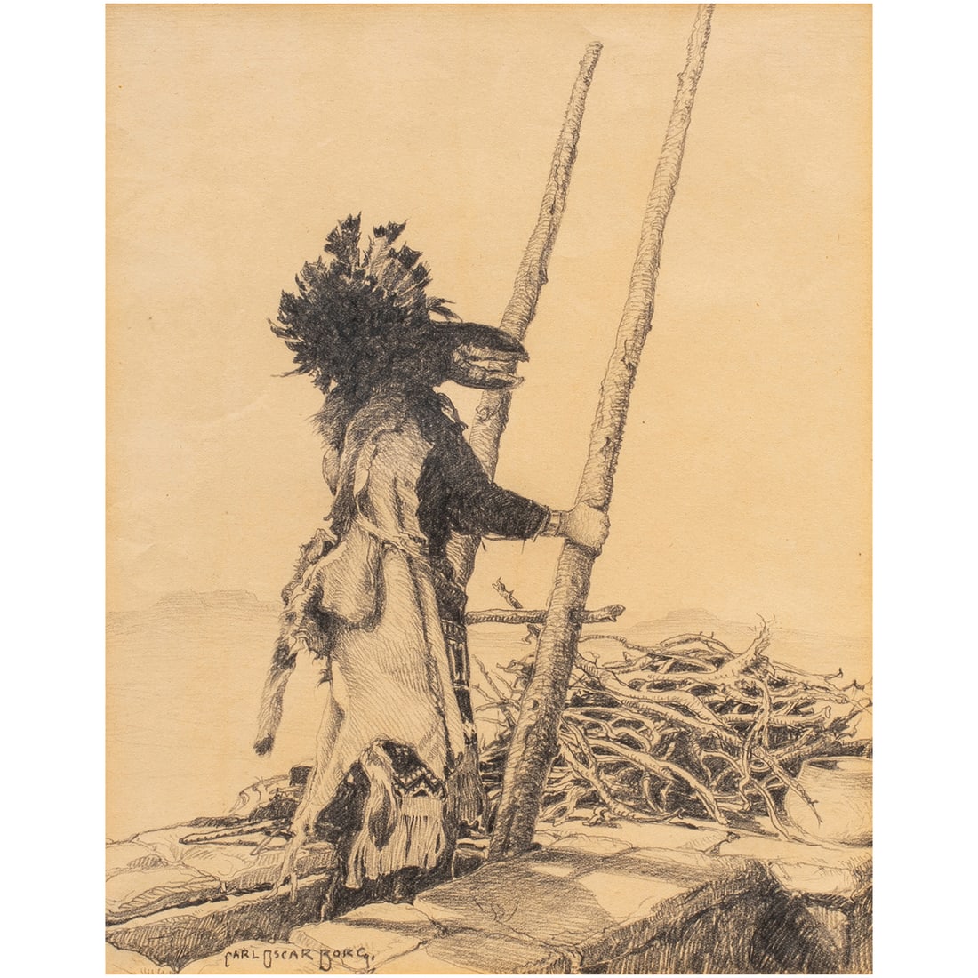 Work on paper, Carl Oscar Borg: Carl Oscar Borg (American/Swedish, 1879-1947), "Hopi Shooyokos Katchina," pencil on paper, signed lower left, sight: 10"h x 8"w, overall (with frame): 17.75"h x 15.25"w. Provenance: Christie's Los Ang